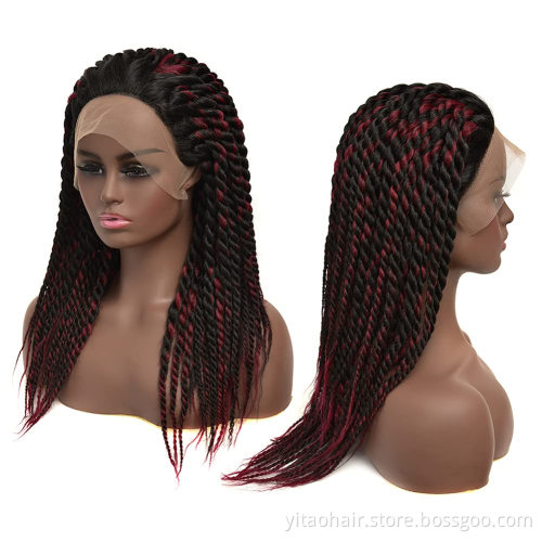 Burgundy Box Braided Lace Front Wig Braids Long Straight Synthetic Wigs For Afro Black Women Daily Wear Black Mixed Wine Red
